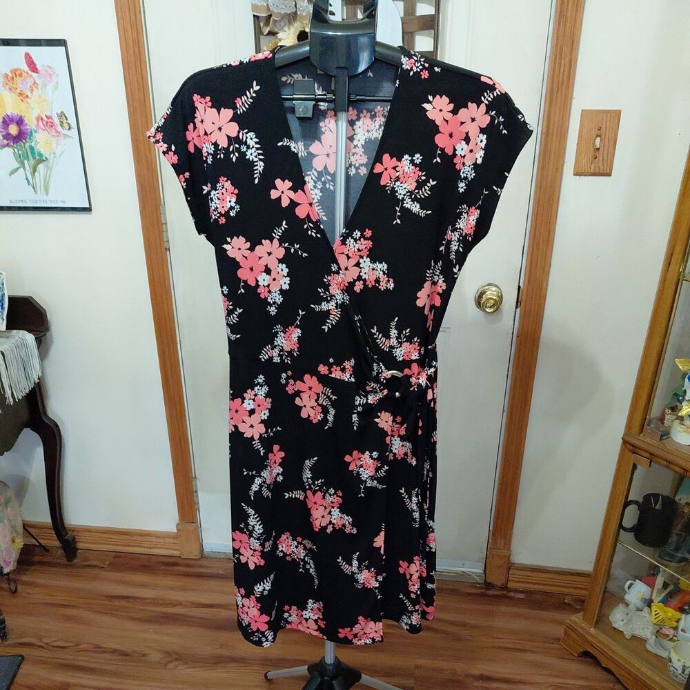 Michael Kors Front Wrap Black/Pink Floral Print Dress Women's Size L